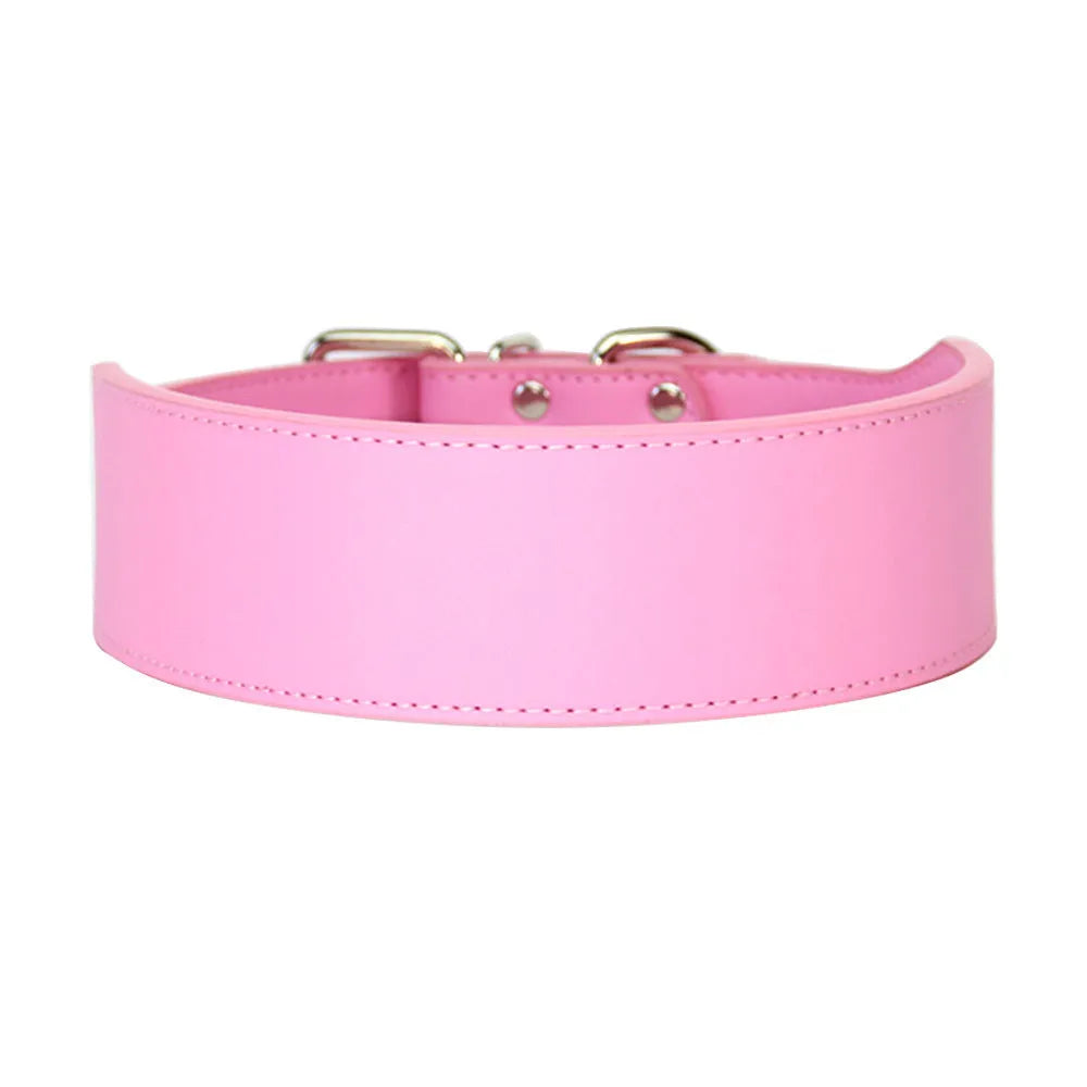 Large fish-shaped leather dog collar in red, blue, black, pink, or brown on a size chart.
