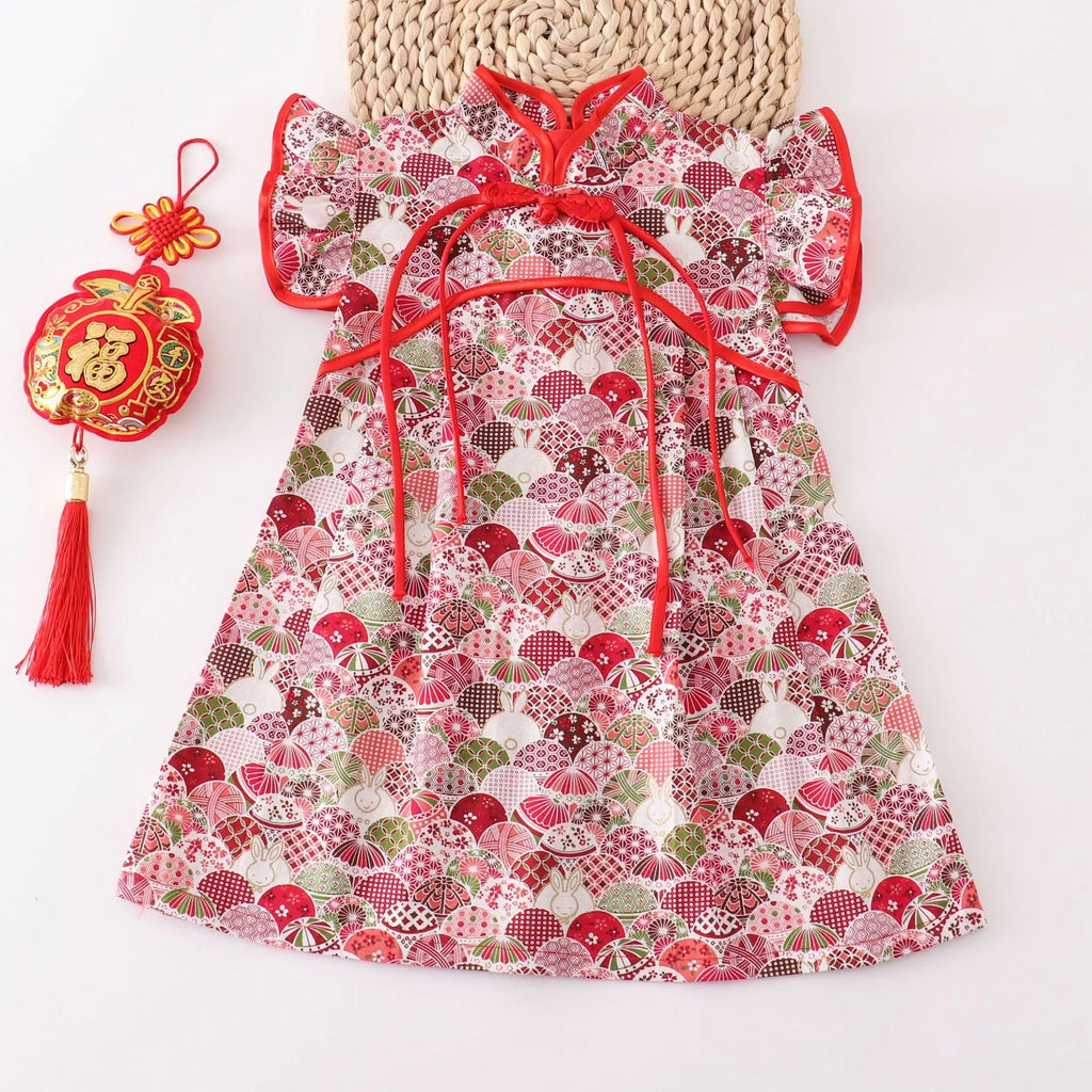 Girls Chinese style cotton dress with small floral splicing, available in red and other colours, heights 80cm to 150cm