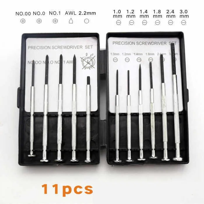 TH-6177 11-piece set of steel screwdrivers with cross and slotted heads for clocks and electronics.