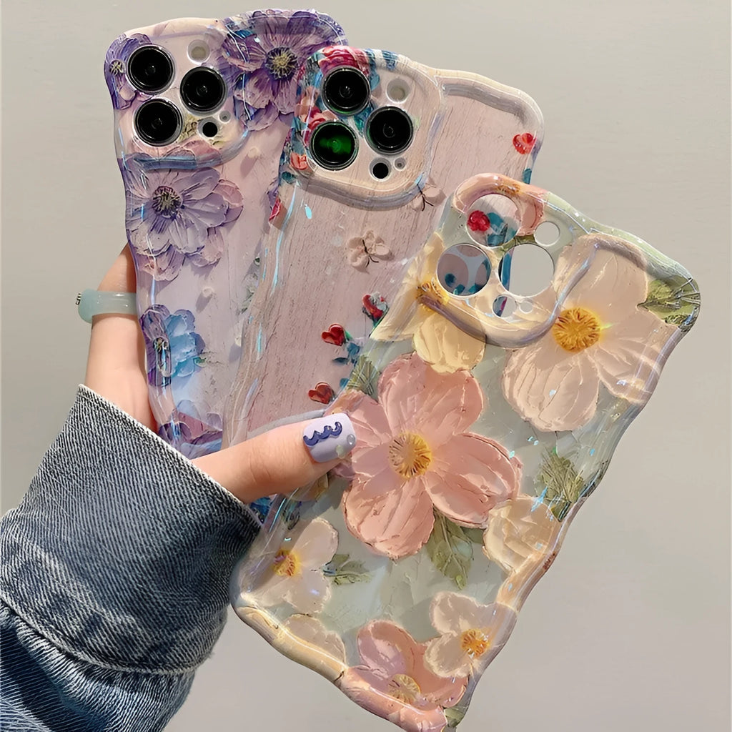 Advanced art oil painting flower phone case with twisted edge design, green background, blue light, for iPhone