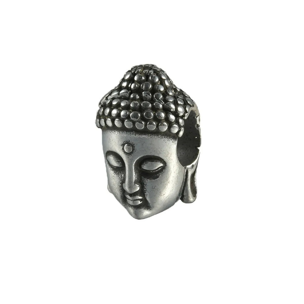 Stainless steel hollow geometric earrings combining a skull with a Buddha head motif.