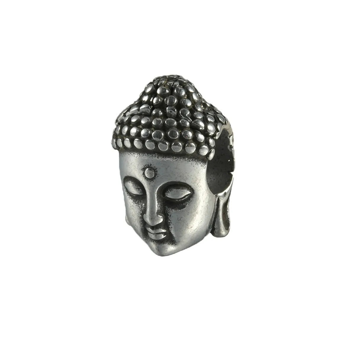 Stainless steel hollow geometric earrings combining a skull with a Buddha head motif.
