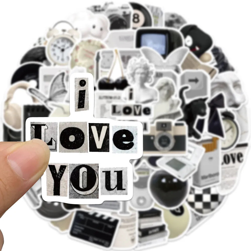 Set of 61 black and white coffee cup design PVC waterproof stickers for laptops and phones.