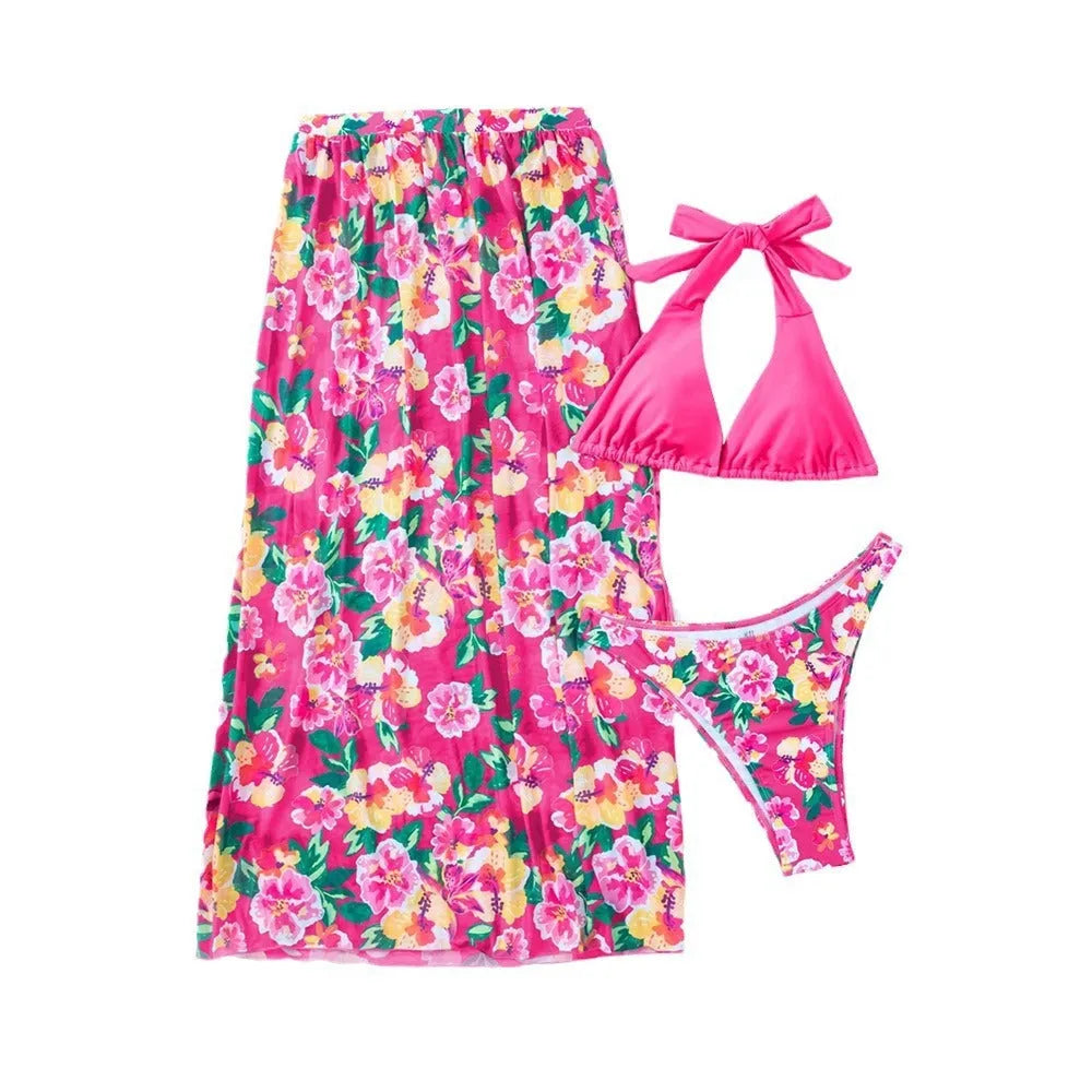 Printed high slit three-piece swimsuit set for women in Lake Green and Rose Red, sizes S to XL, polyester fabric