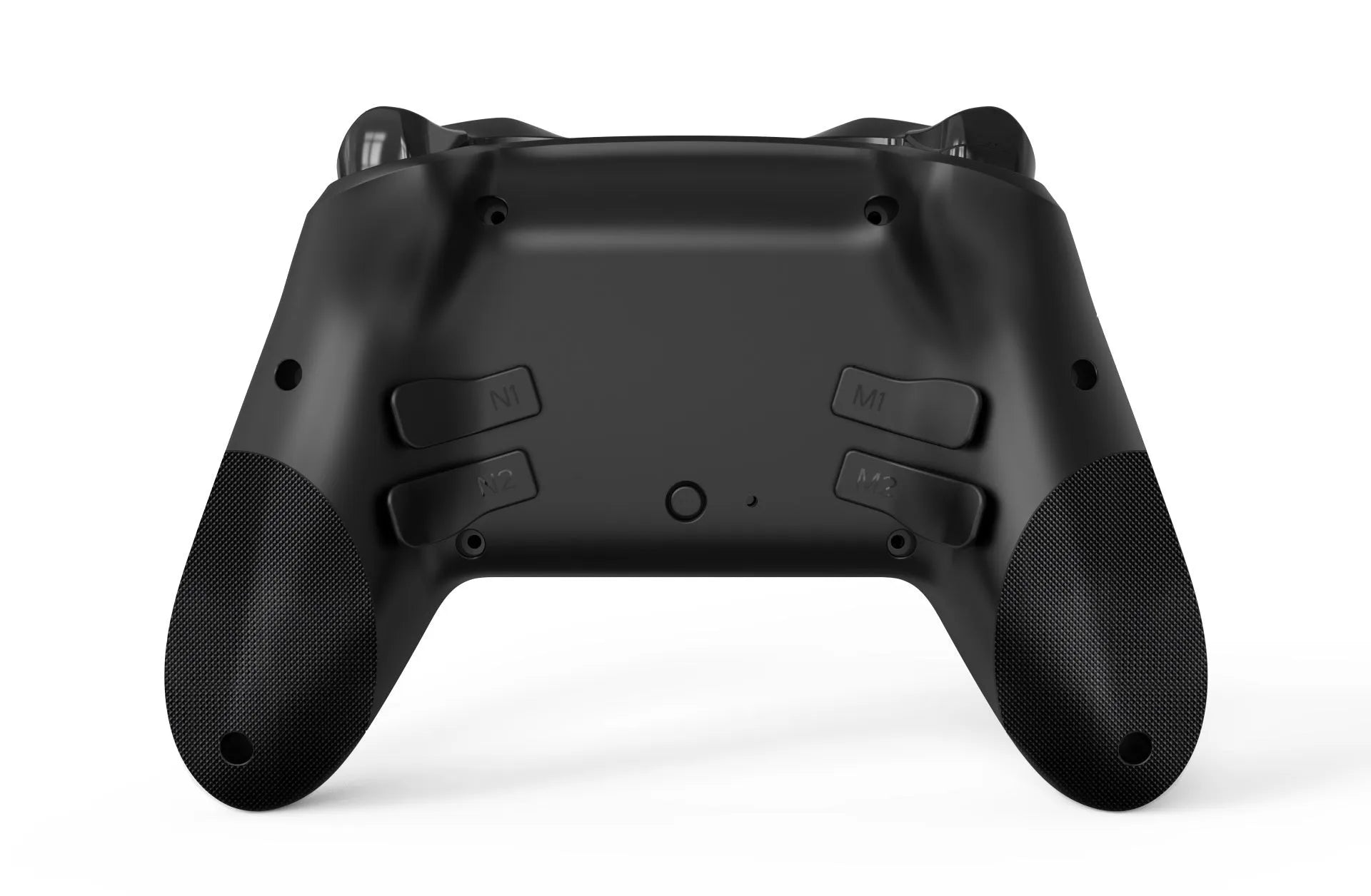 Black wireless game controller with leather pattern texture for Nintendo, PC, and smartphone.