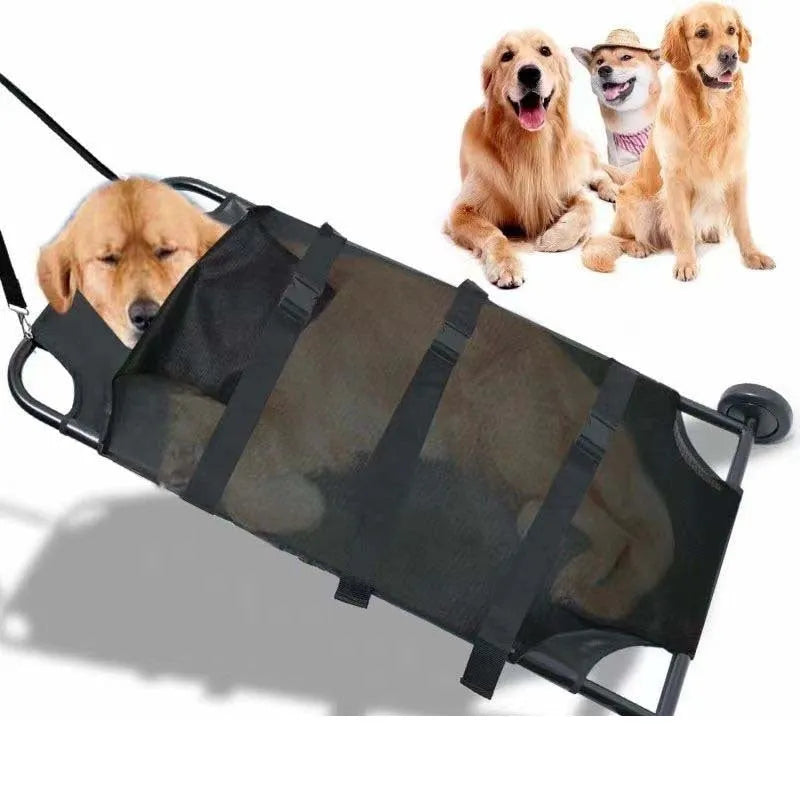 Black foldable aluminium pet stretcher for emergency dog transport with carrying handles