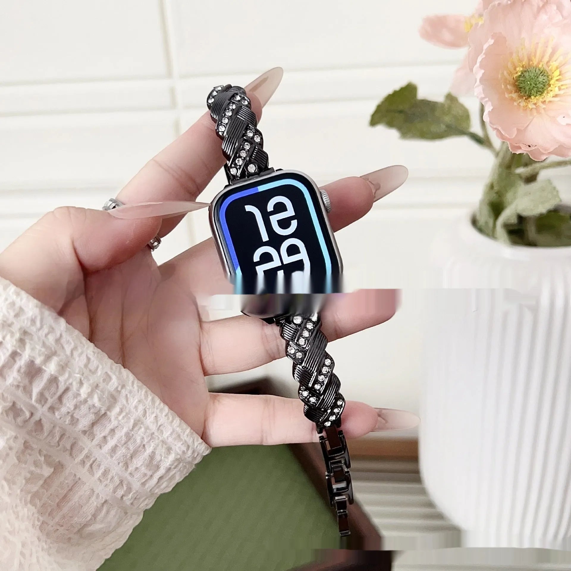 Zinc alloy twist diamond metal watch strap for Apple Watch in silver, rose gold, gold, black, and Starlight colours.