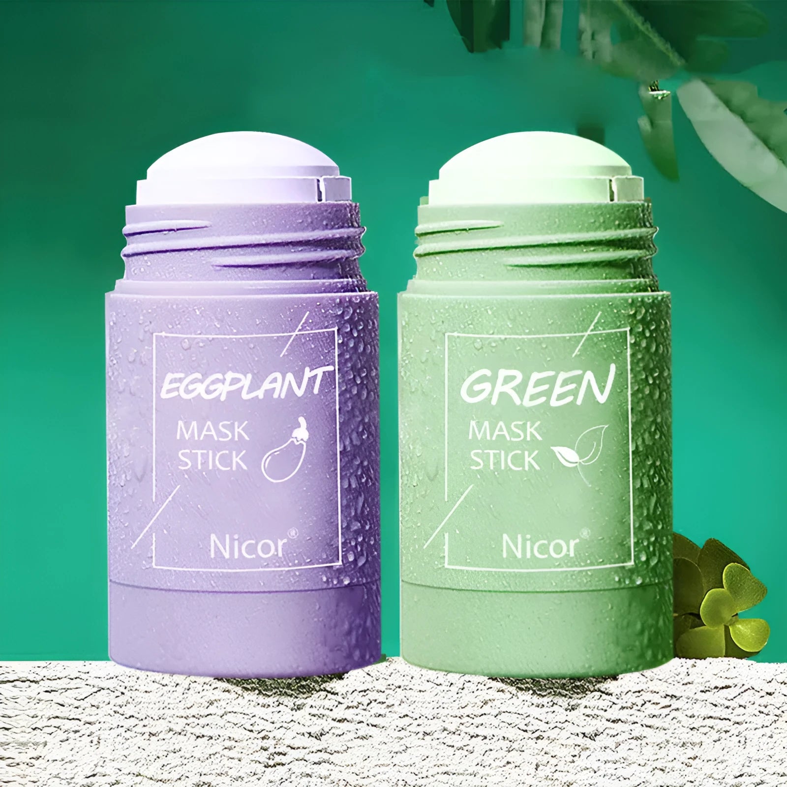 Green tea and eggplant solid clay mask sticks in 40g format for facial skin care.