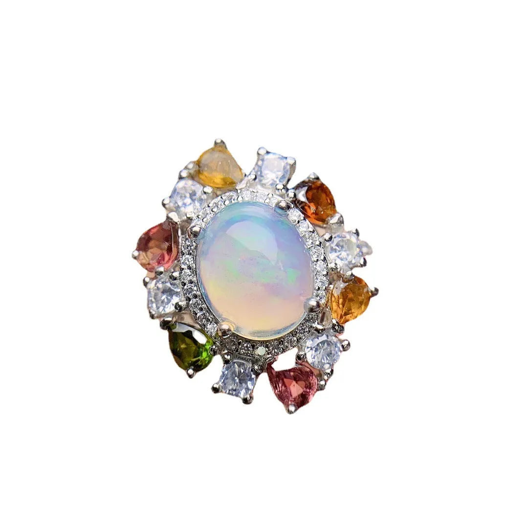 S925 silver opal ring with adjustable open band, women's coloured gemstone design