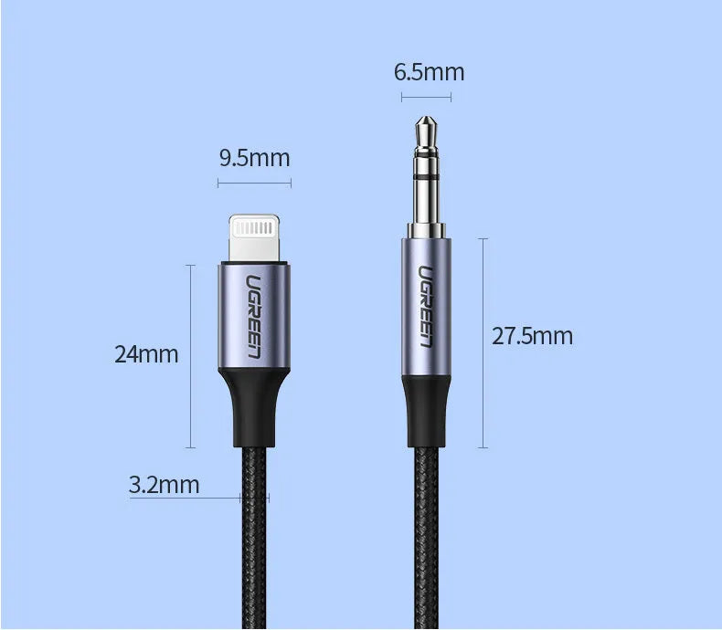 Black Apple Lightning to 3.5mm audio adapter cable with braided fabric and aluminum connector shell.
