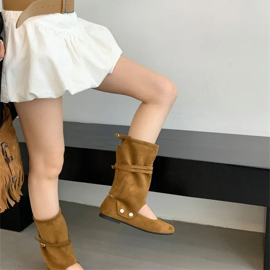 Niche design two-way pants brushed hollow-out mid-calf loose socks boots for women in black
