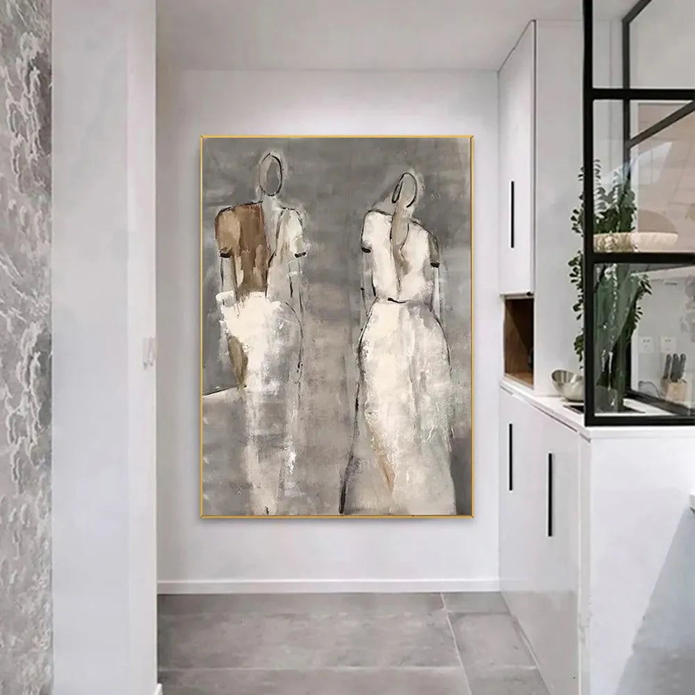 Hand-painted characters abstract oil painting on canvas, vertical unframed wall art for home rooms.