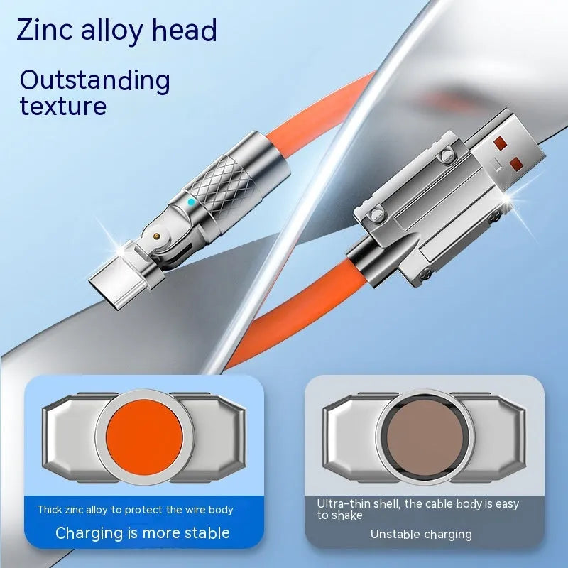 Orange rotating elbow charging cable with zinc alloy head for Lightning, Micro USB, and Type-C devices