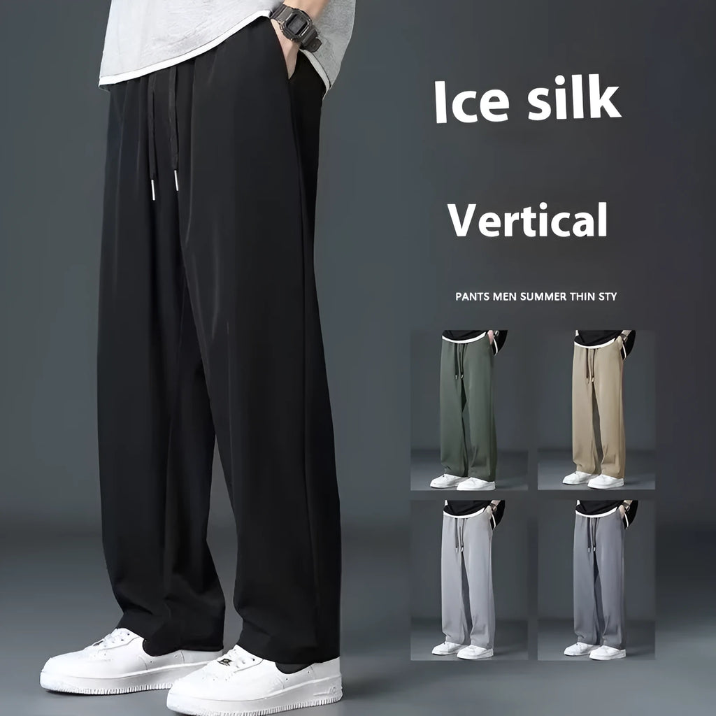 Ice silk men's wide leg drooping pants in black, elastic waist, straight cut, summer casual trousers