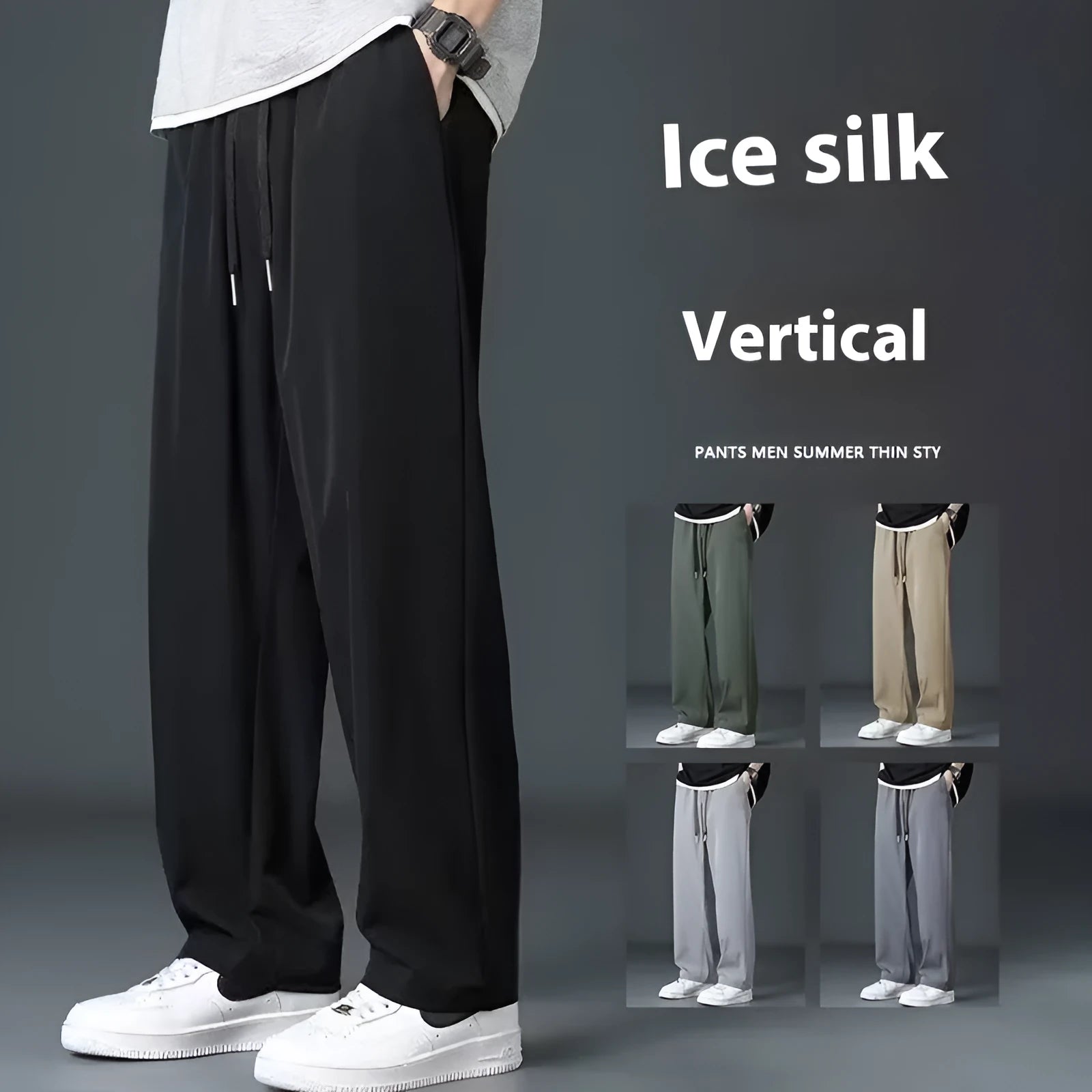 Ice silk men's wide leg drooping pants in black, elastic waist, straight cut, summer casual trousers