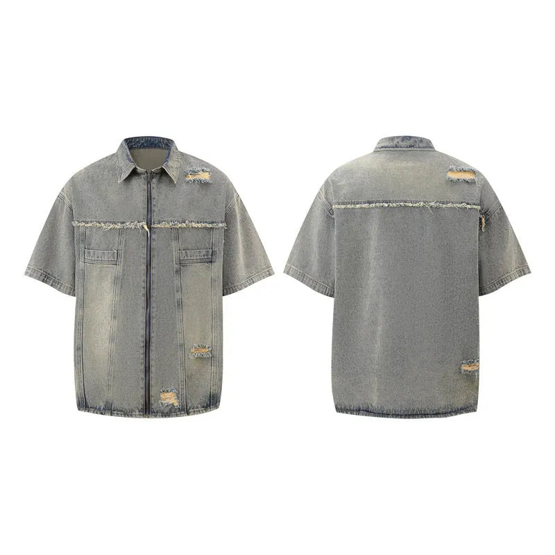Denim loose-fit overall suit co-ord set with short sleeve top and trousers in street style.