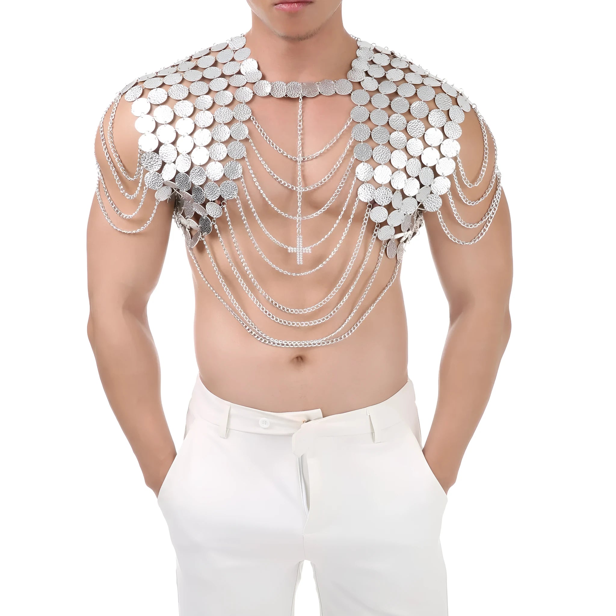 Silver metal chain sling chest strap with sequin stitching on imitation leather for men
