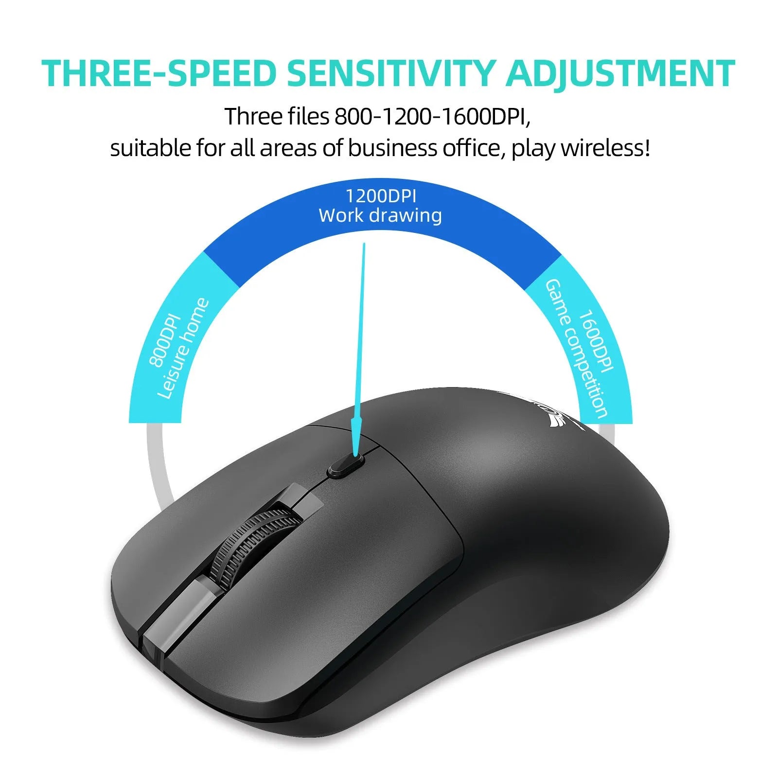 Black wireless mouse with a three-gear audio button on a desk next to a laptop.