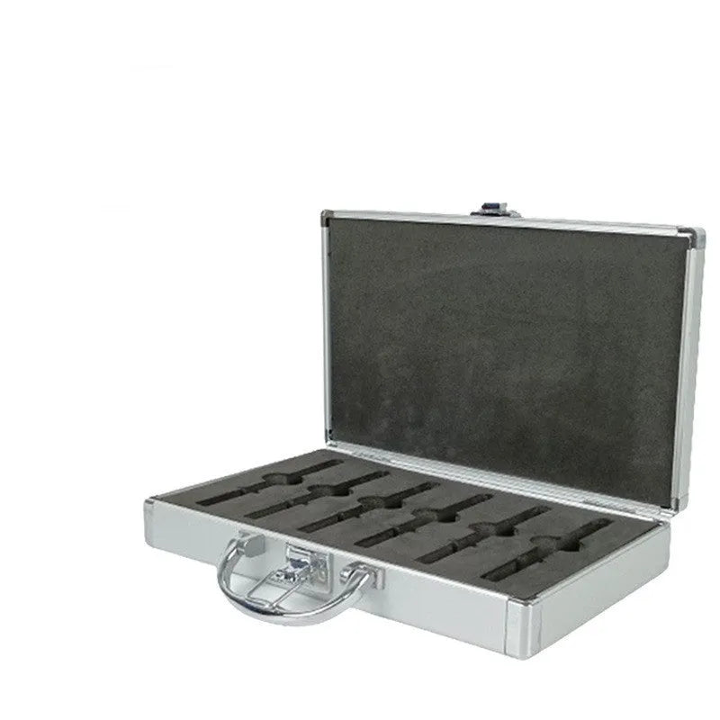 Silver aluminium alloy toolbox with lock and carry handle on a workbench