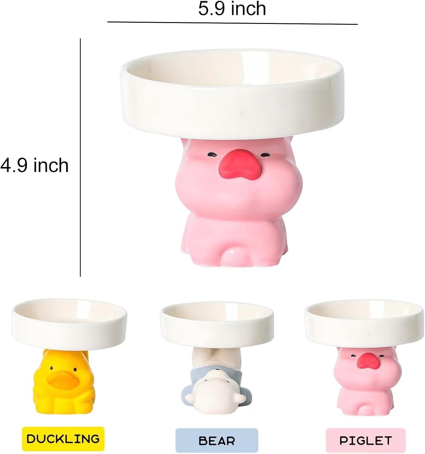 Ceramic raised cat bowl with animal design, showing elevated height and wide feeding opening