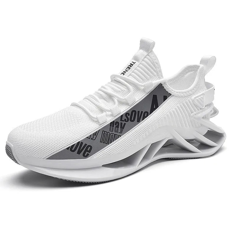 Men's casual exercise shoes with fly woven mesh upper in four colour options showing embroidery detailing