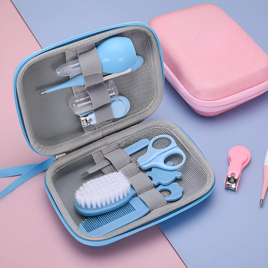 Eight-piece baby care set with nail clippers, thermometer, comb, head brush, nasal aspirator and baby toothbrush in pink, blue or yellow.