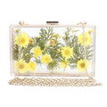 Acrylic transparent flower shoulder messenger bag with hard outer, horizontal square shape, O-shaped necklace, shown in blue.