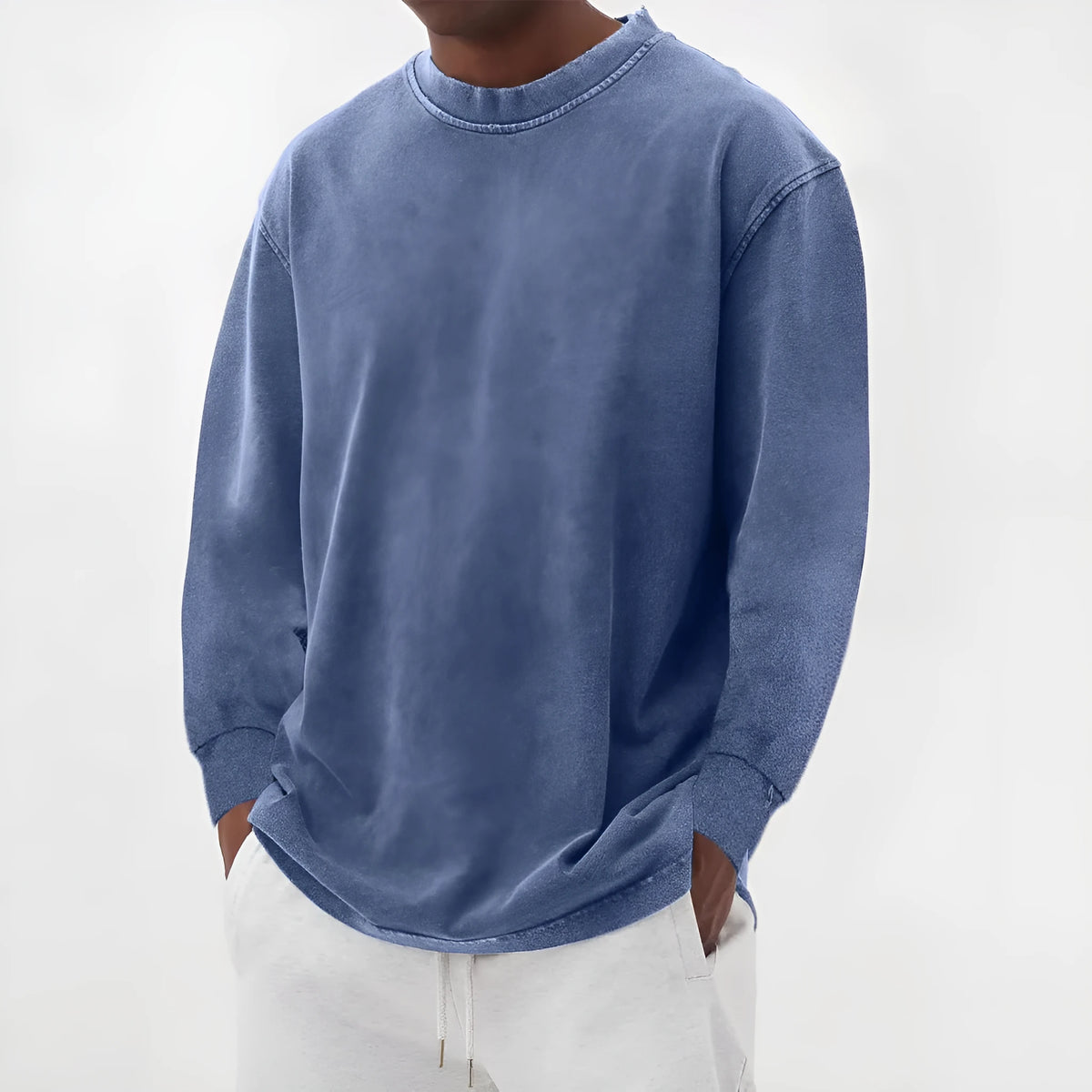 Men's long-sleeved t-shirt washed old solid colour slim fit polyester pullover in sky blue
