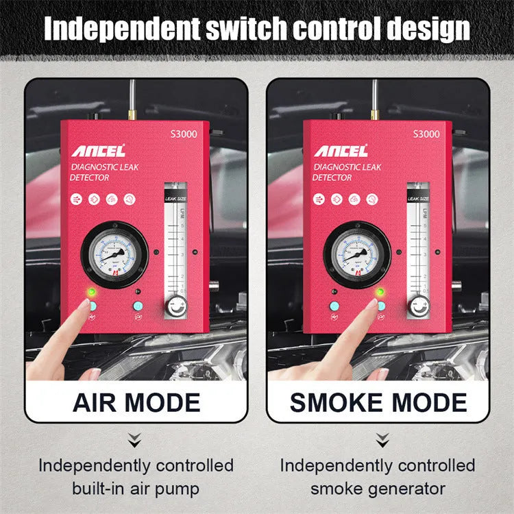 S3000 model car smoke detector and vacuum leak diagnostic tool on a workbench