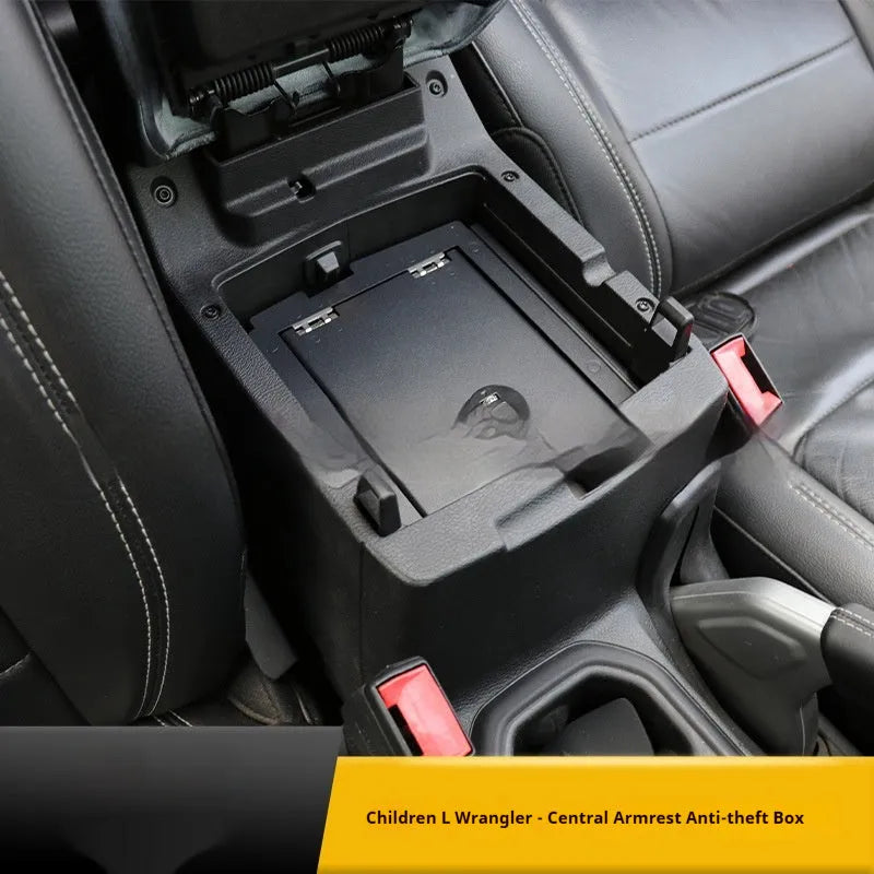 Black metal center console anti-theft box for armrest storage inside car, pressure resistant.