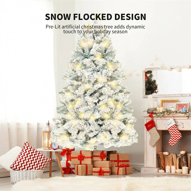 Green and white PVC artificial snow Christmas tree with metal stand in 150cm, 180cm, and 230cm sizes.