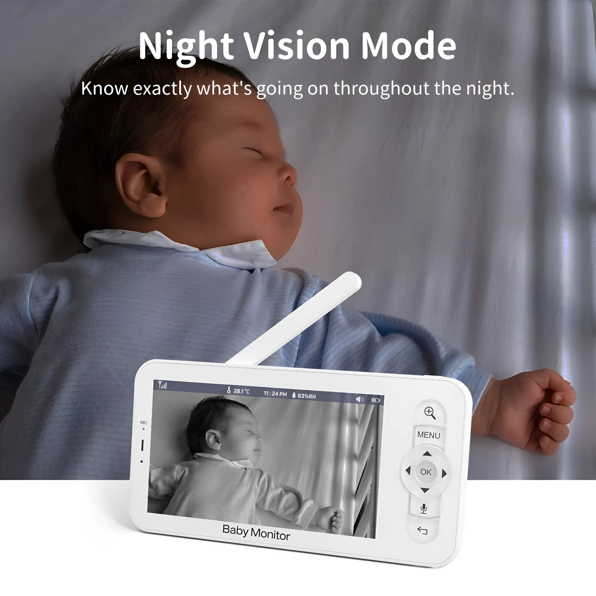 Baby monitor with 5-inch screen showing camera view, 720P resolution, pan tilt mechanism