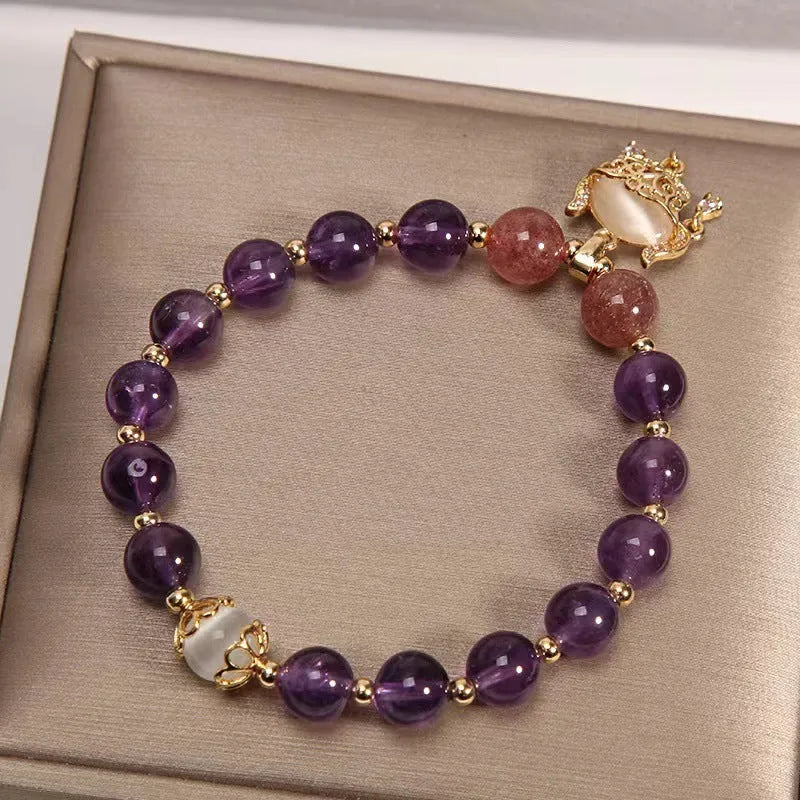 Women's copper longevity lock bracelet with natural amethyst stones and real gold detailing in retro drop-shaped design