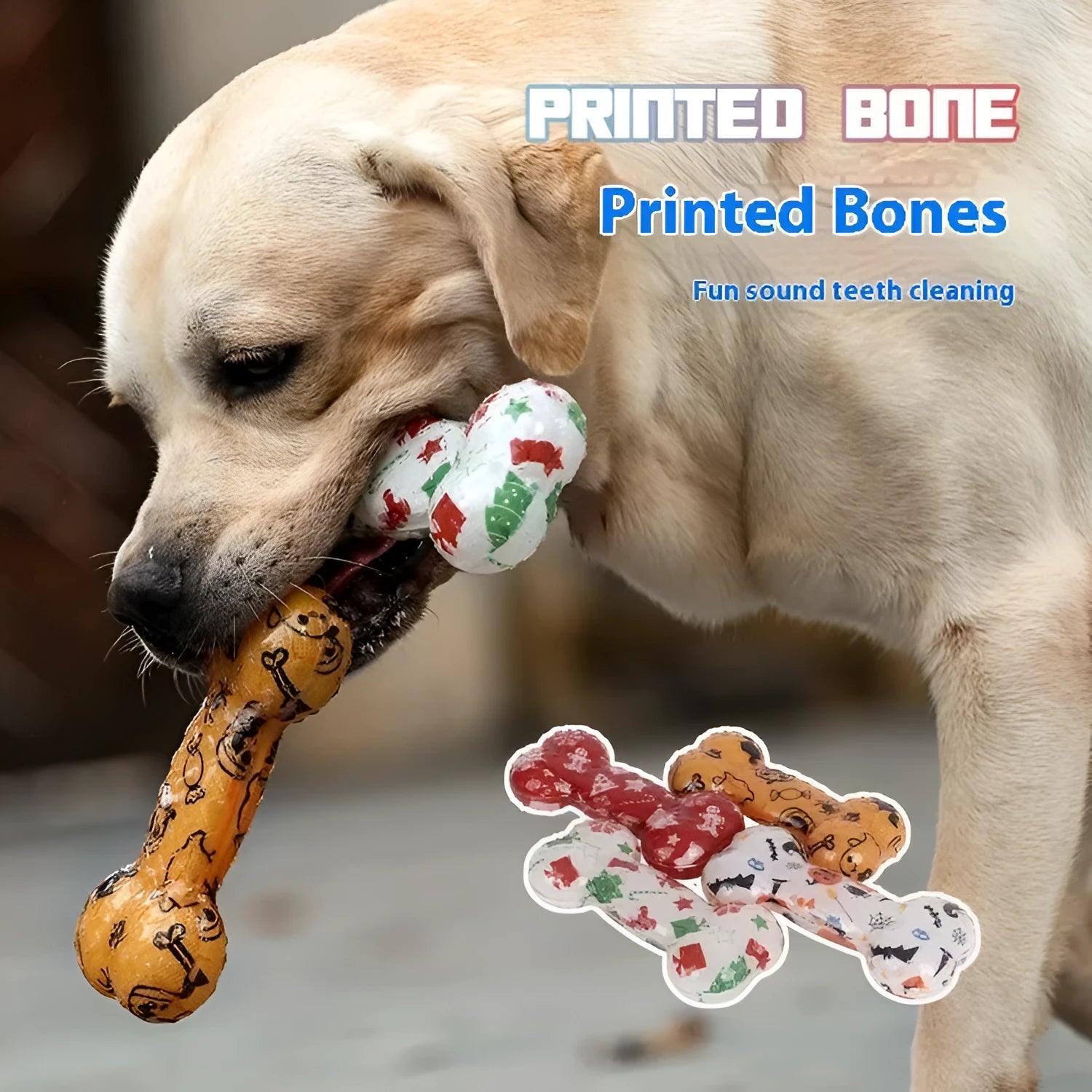 Printed bone-shaped TPR dog toy with squeaker in seasonal red and orange colour options