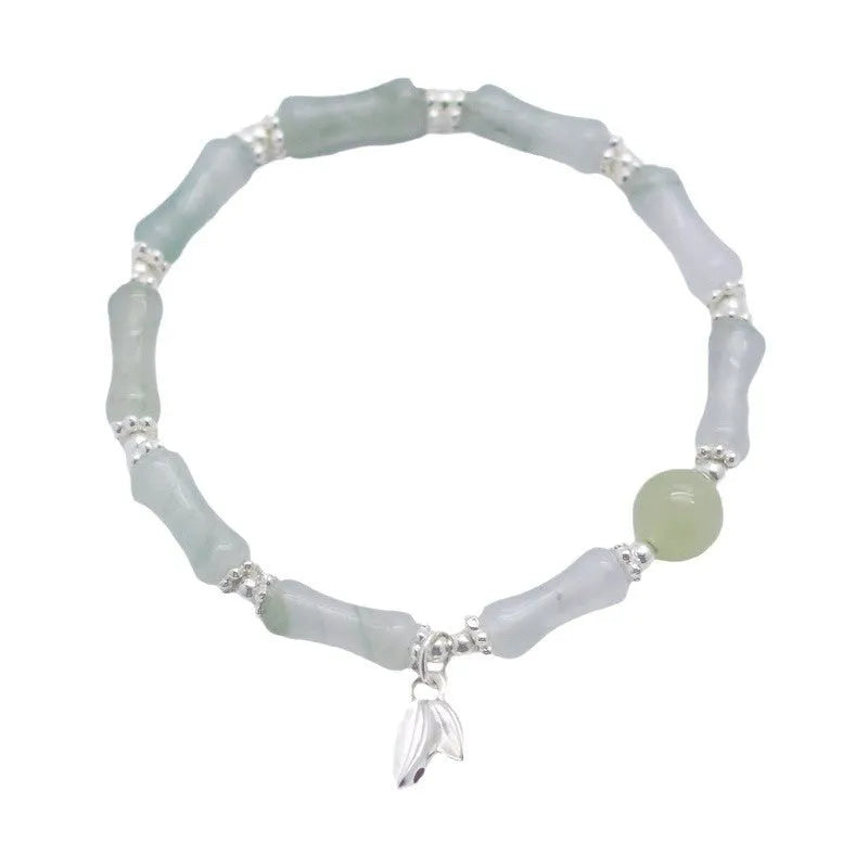 Silver-coloured antique-style bracelet made from natural Tianshan green bamboo with bamboo joint detailing.