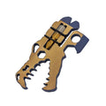 Dinosaur head tool in TC4 titanium, 78 x 42 x 5mm, 34g, shown in grey blue or copper for outdoor and home use