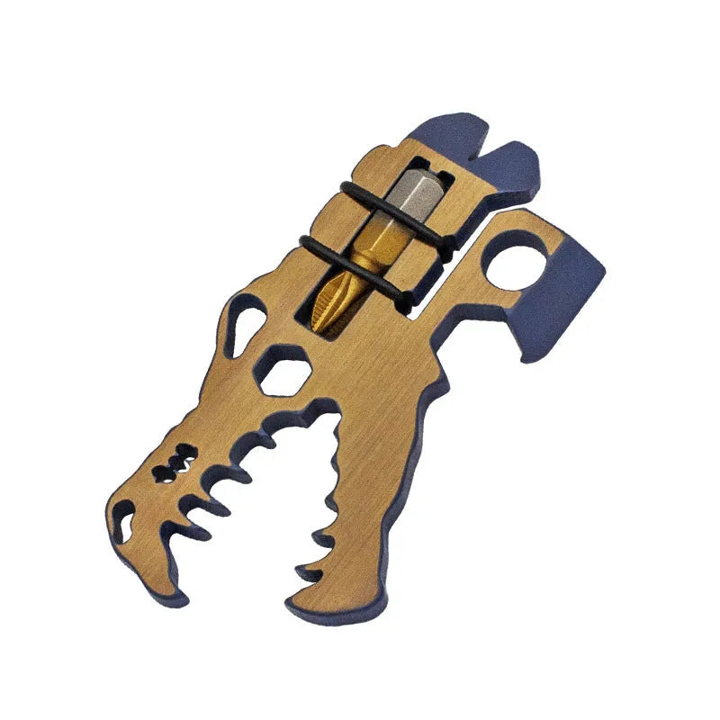 Dinosaur head tool in TC4 titanium, 78 x 42 x 5mm, 34g, shown in grey blue or copper for outdoor and home use