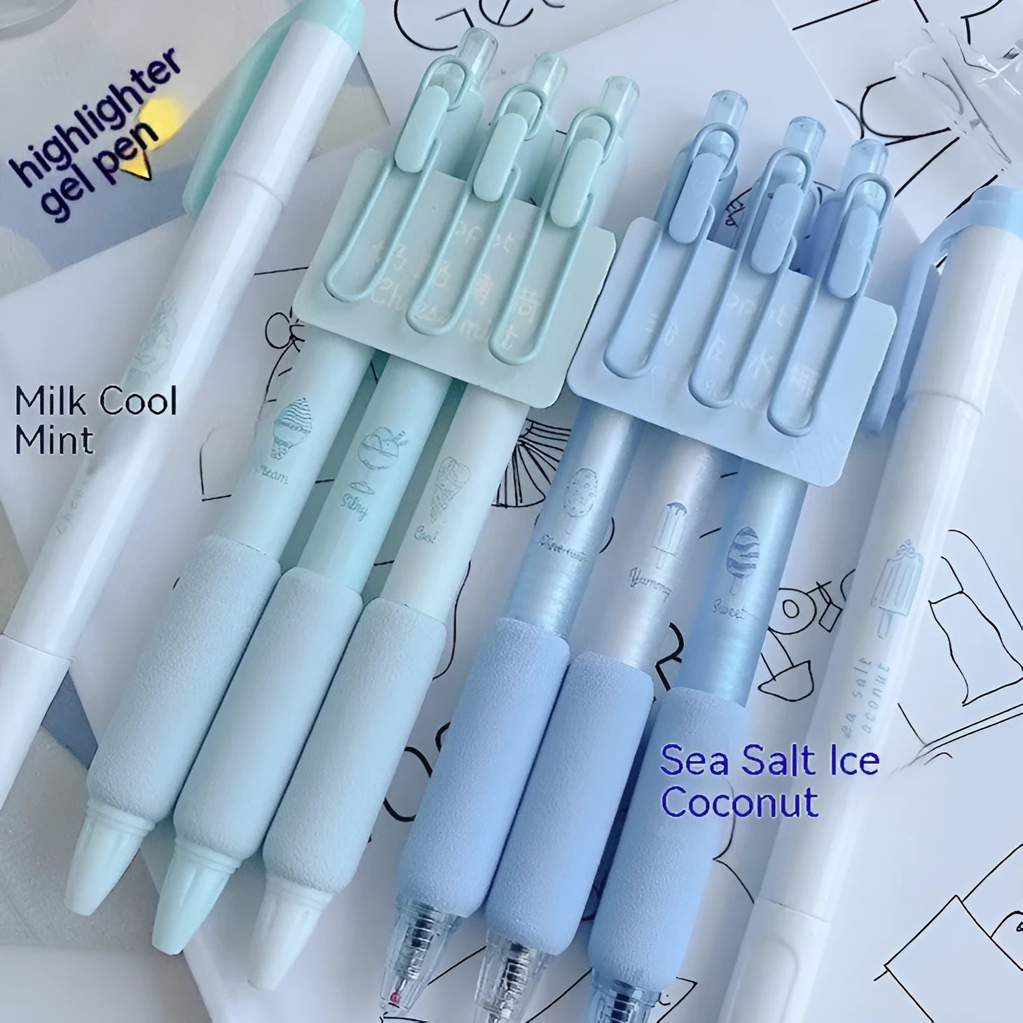 Four Ice Cream Sponge Press neutral pens with 0.5mm tips in Cheese Mint and Sea Salt Ice Cup colours