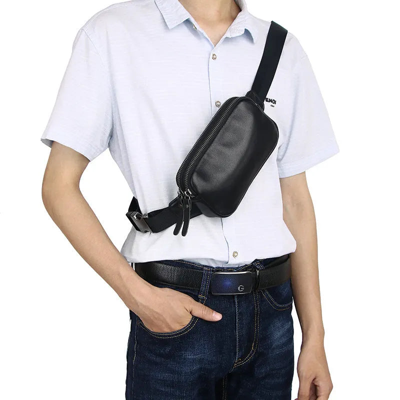 Men's small black cowhide crossbody bag showing front view with dimensions