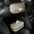 Beige PU leather car hanging organiser box with a loop, shown next to a black medium and black large size option.