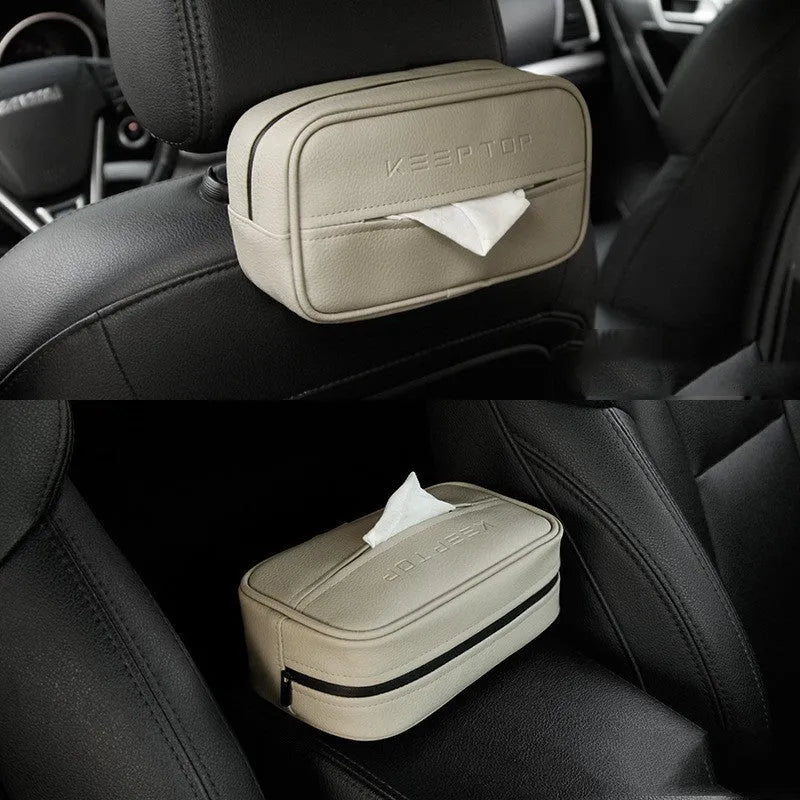 Beige PU leather car hanging organiser box with a loop, shown next to a black medium and black large size option.