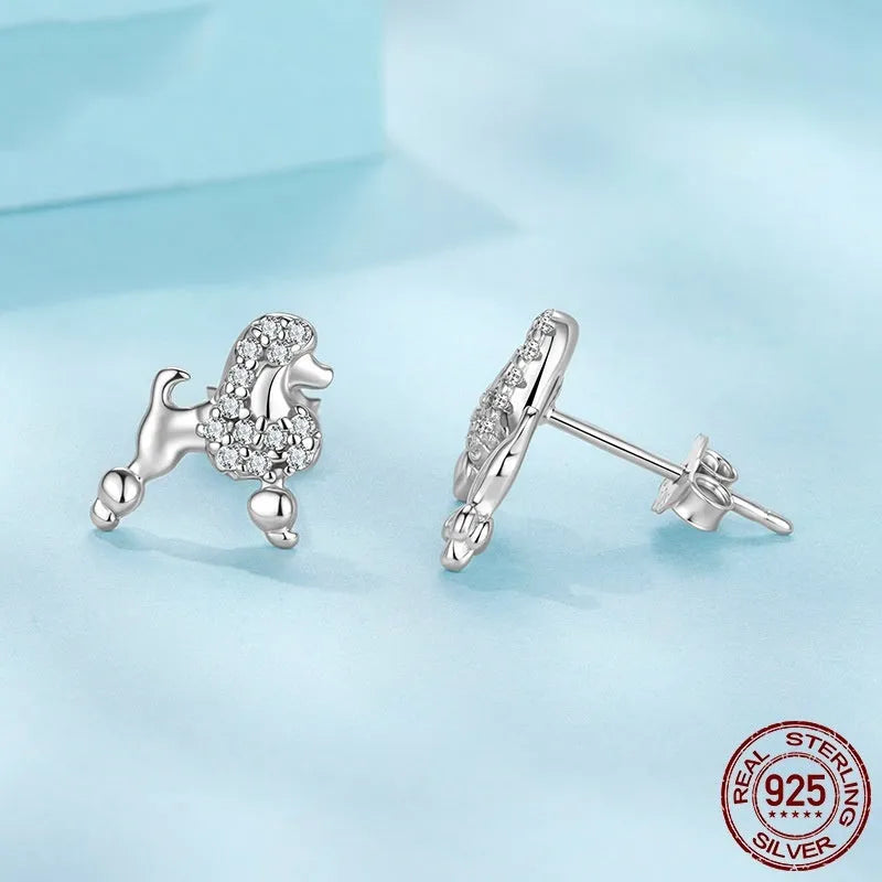 S925 sterling silver mini poodle stud earrings for women with cute dog design