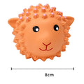 Orange and yellow spiky latex squeaky dog toy shaped like an animal ball