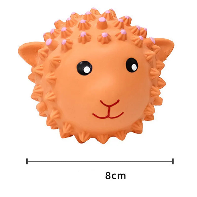 Orange and yellow spiky latex squeaky dog toy shaped like an animal ball