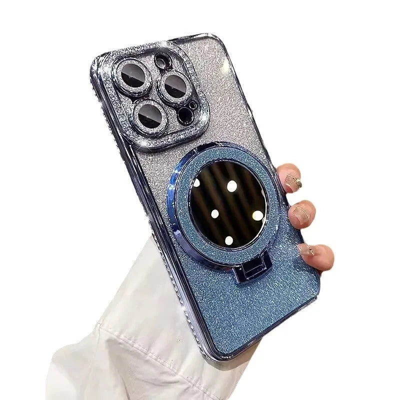 Gradient glitter iPhone case with a built-in square mirror on the back, shown in gradient purple.