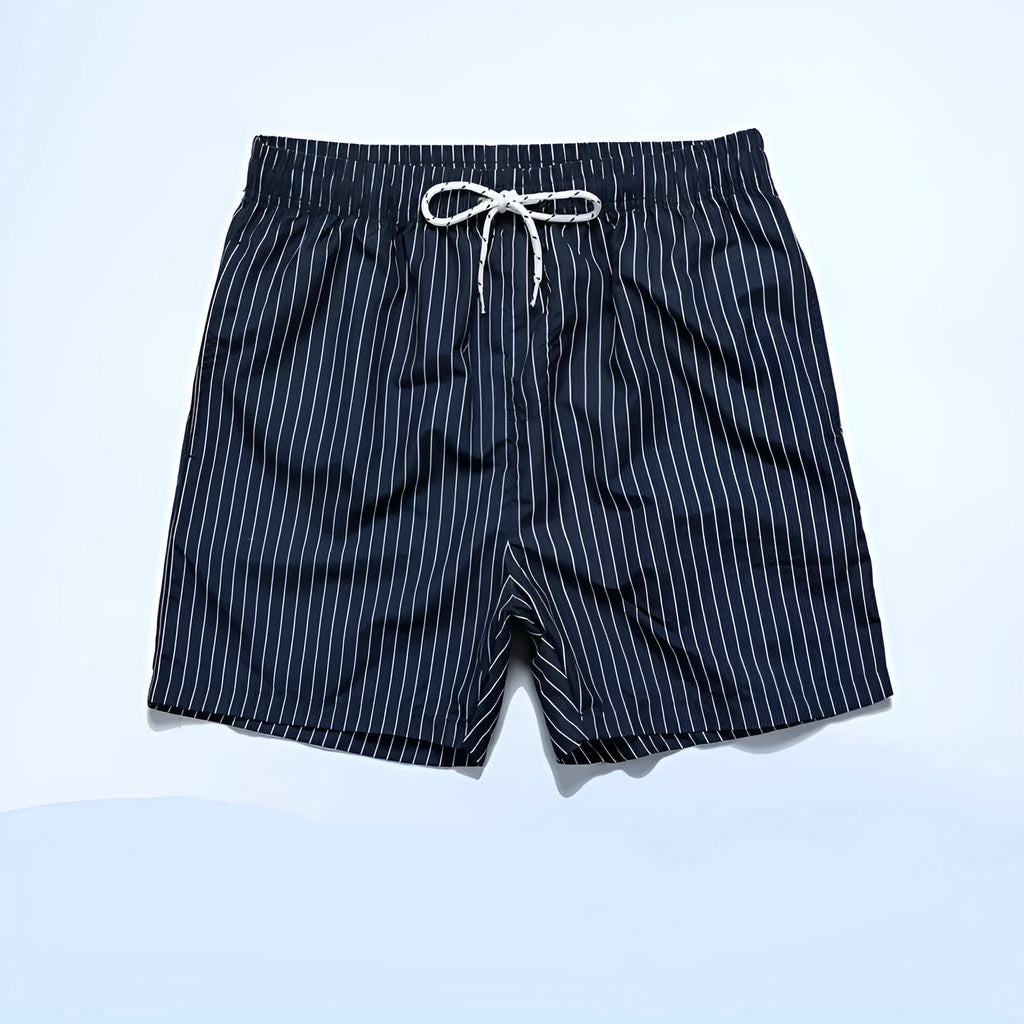 Men's striped beach shorts in light blue with a straight leg and triangle lining.