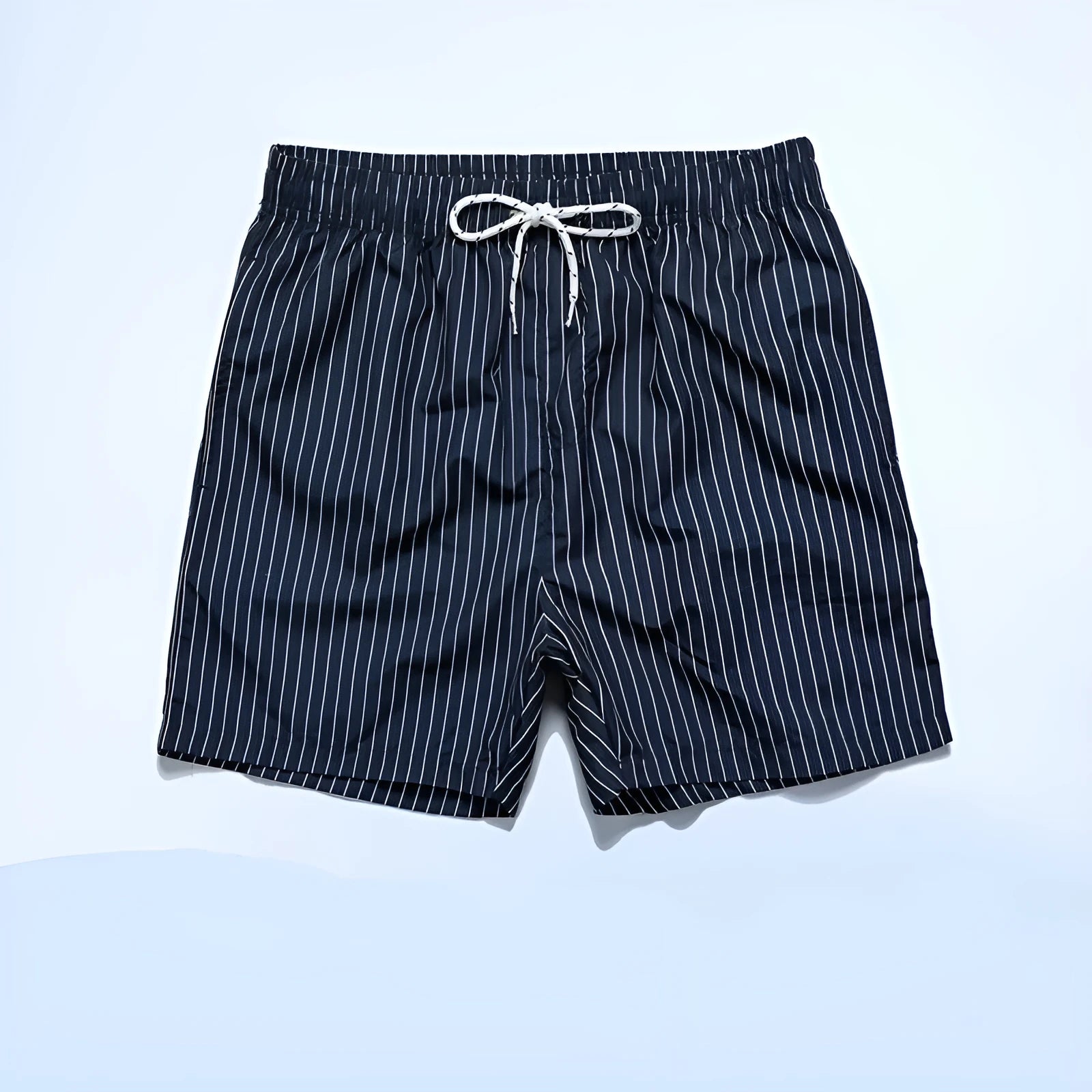 Men's striped beach shorts in light blue with a straight leg and triangle lining.