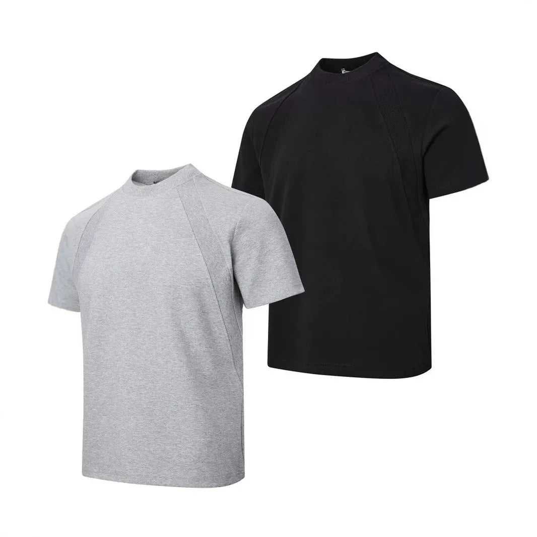 Air layer stitching short sleeve loose top in black on a hanger
