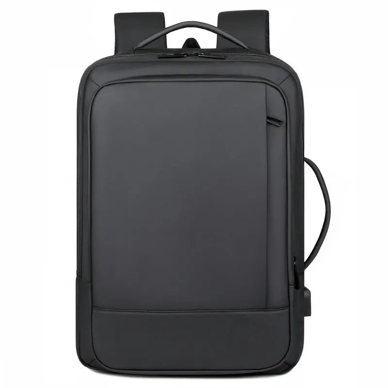 Men's large capacity waterproof backpack in black with curved shoulder straps