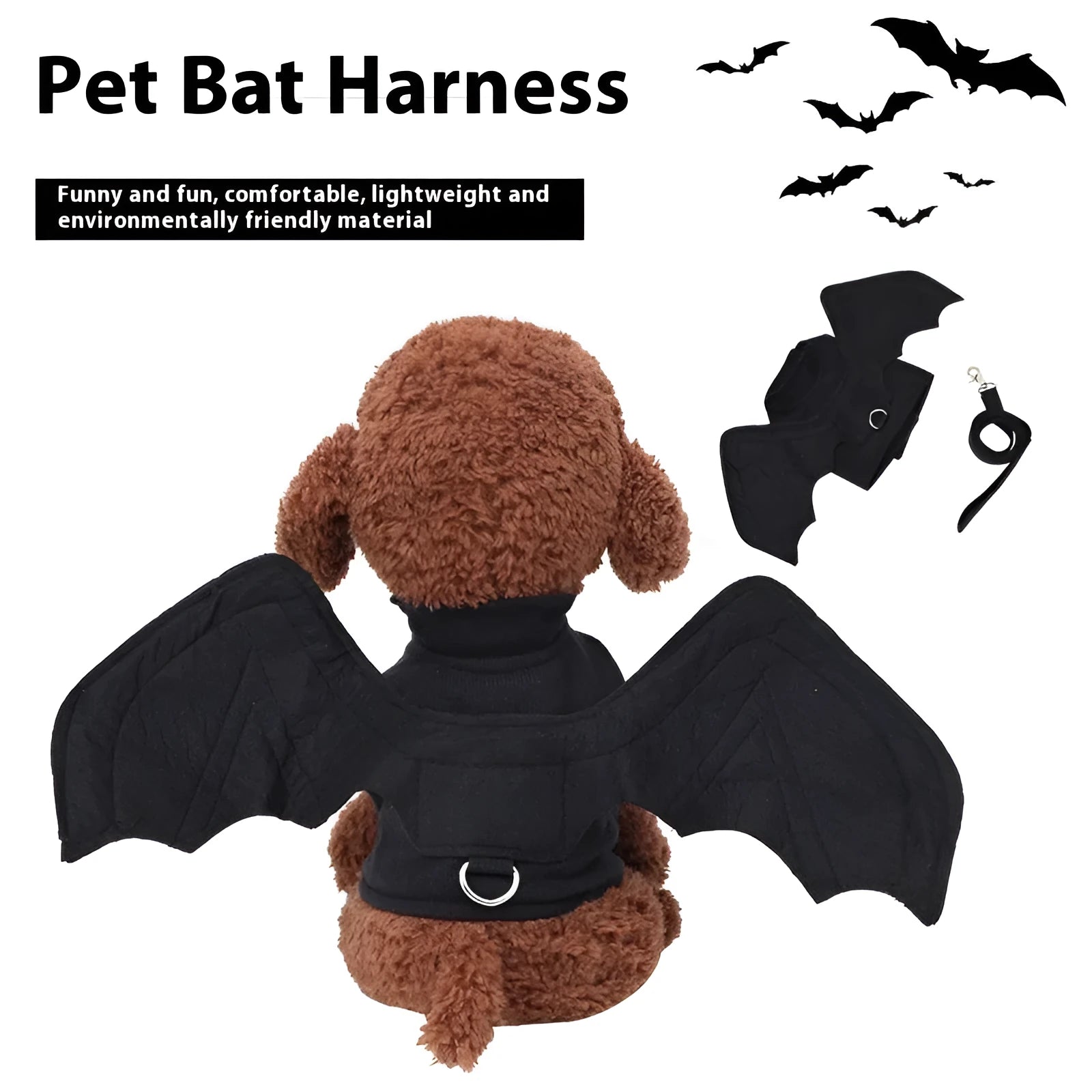 Black bat wing costume accessory for dogs showing chest and back attachment with optional traction rope